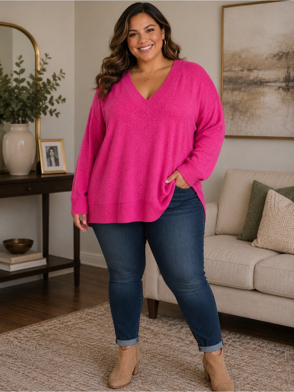 🆕🎉NWT Buffalo David Bitton Women's V‑Neck Sweater in Hot Pink